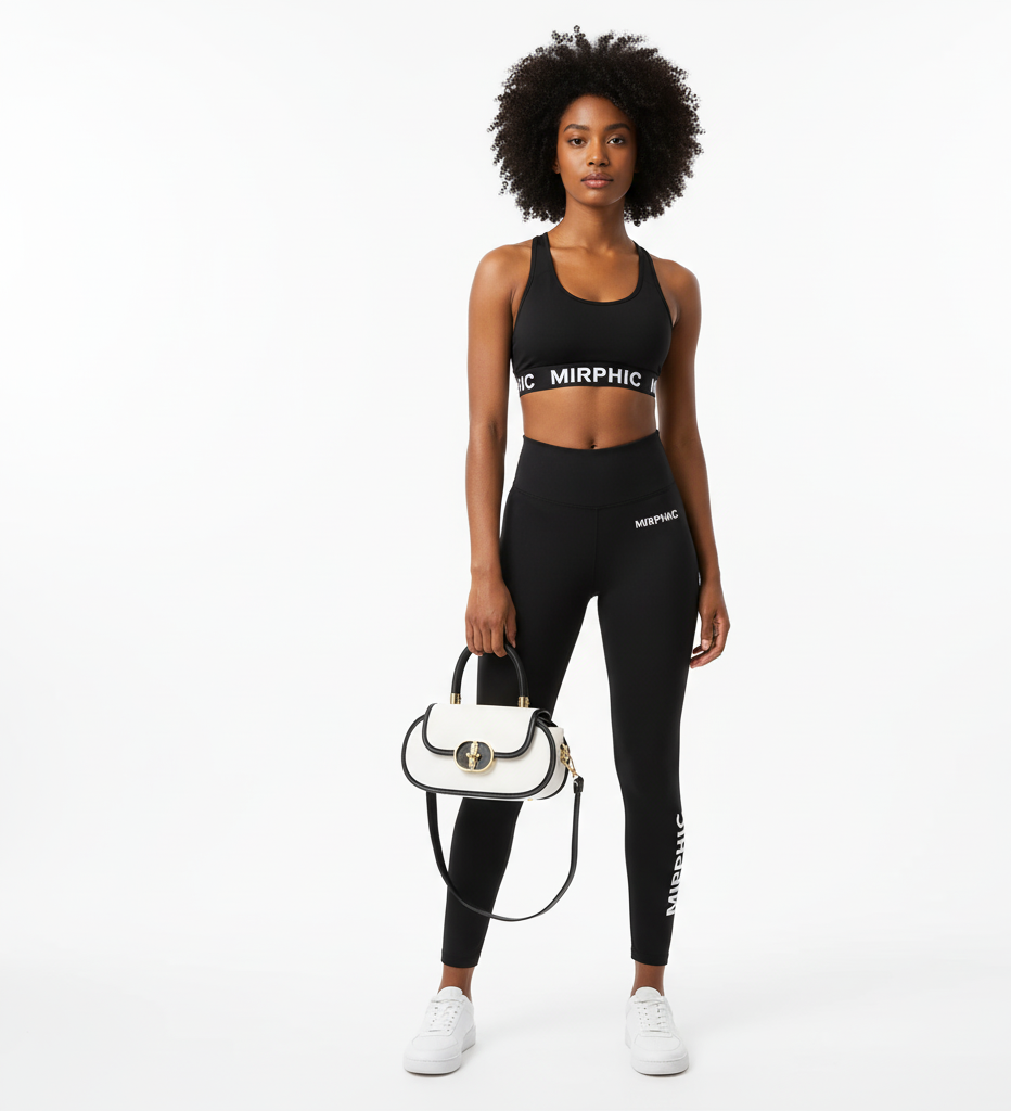 Woman wearing black sports bra and leggings with 'MIRPHIC' branding, holding a white handbag on a white background.