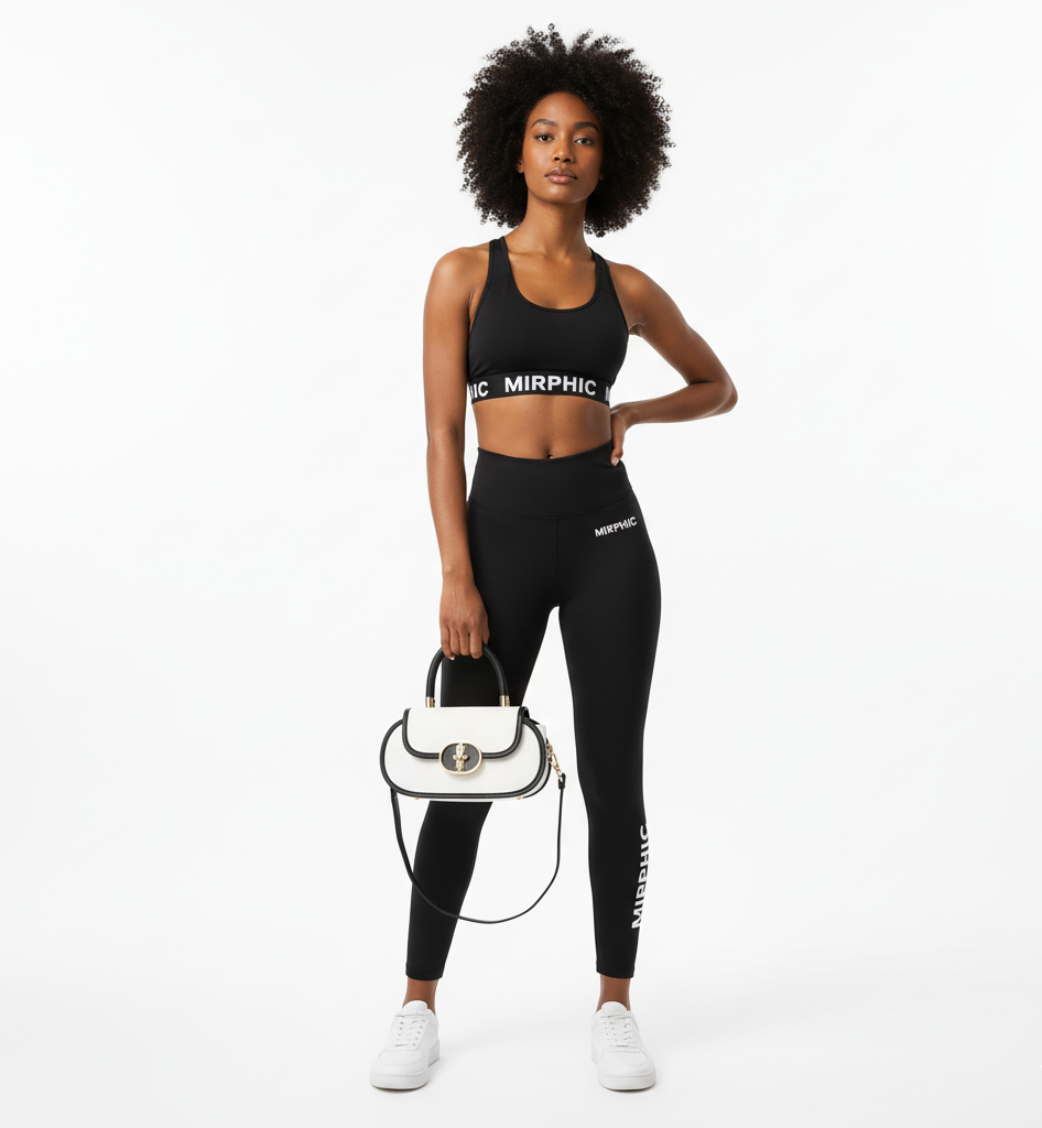 Woman wearing black athletic wear with 'MIRPHIC' branding on a white background