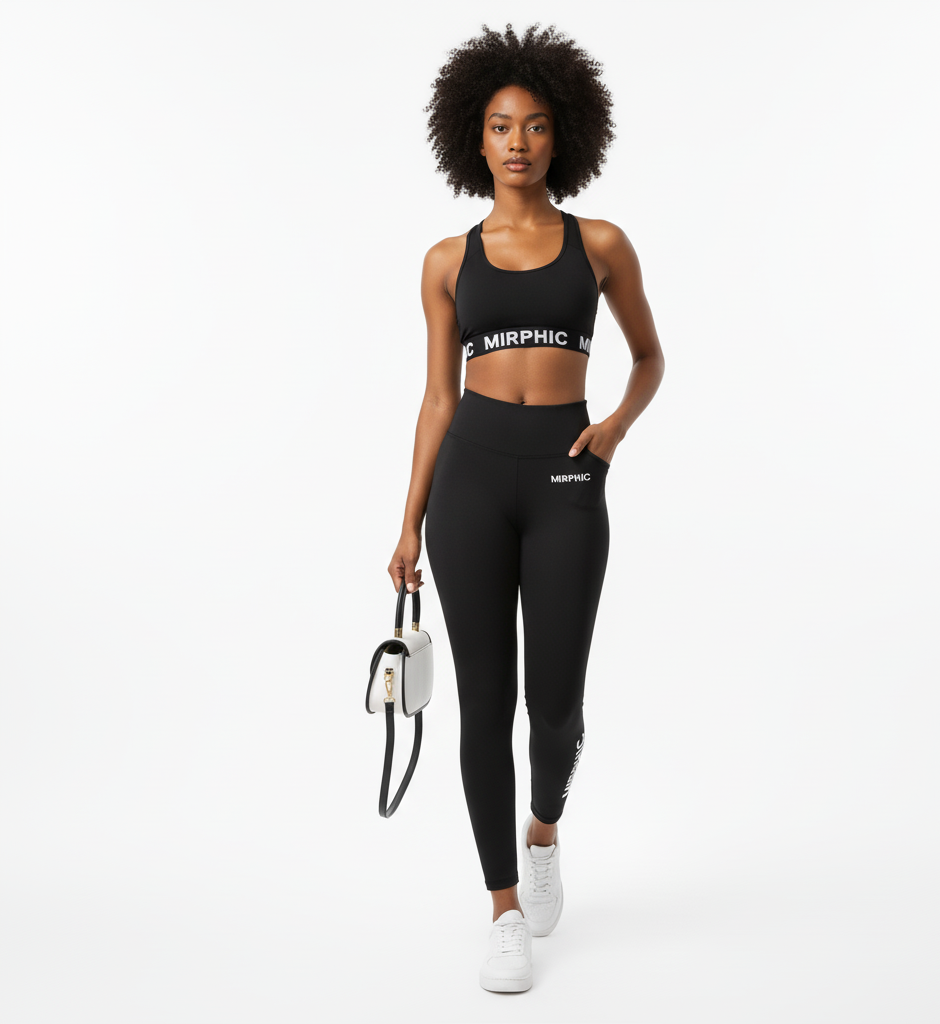 Woman wearing black athletic outfit with 'MIRPHIC' branding on a white background