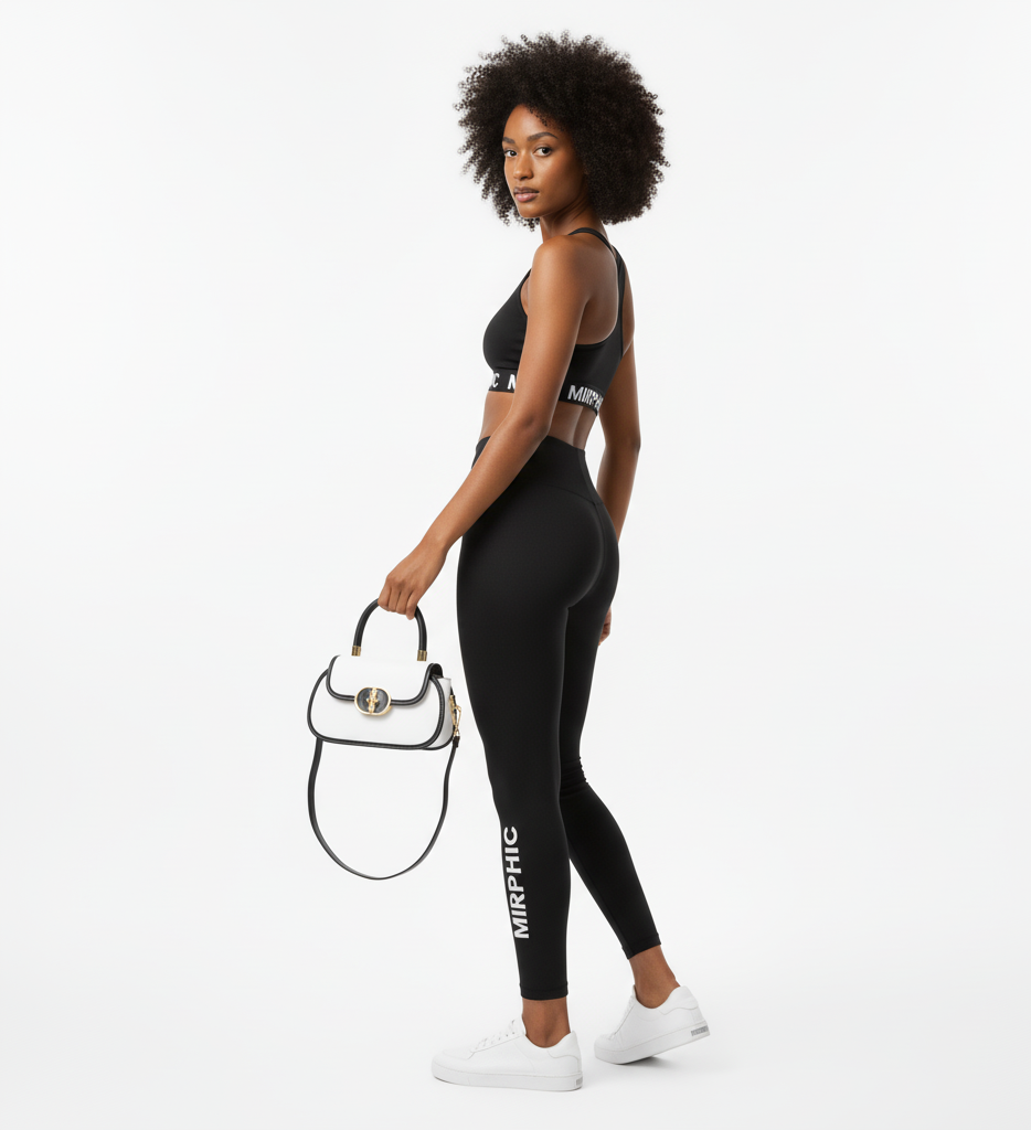 Woman wearing black leggings with branding, holding a white handbag on a white background
