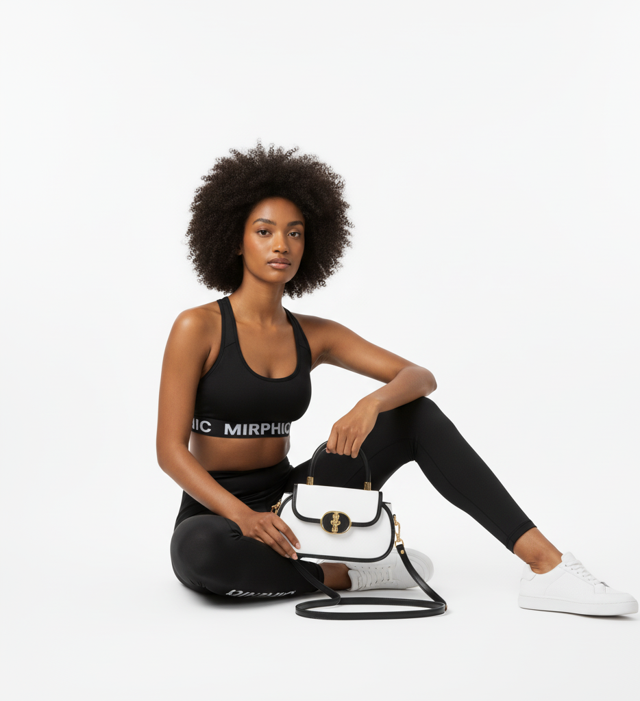 Woman in black athletic wear holding a white handbag with gold accents on a white background