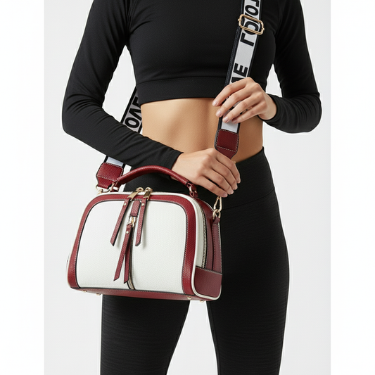 Person holding a white and red handbag with a black background