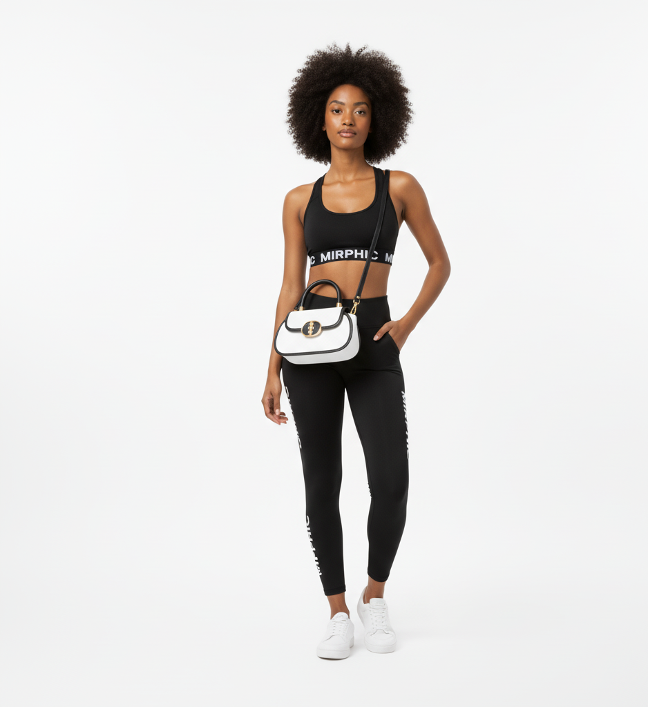 Woman wearing a black athletic outfit with 'Mirphy' branding, holding a white handbag on a white background.