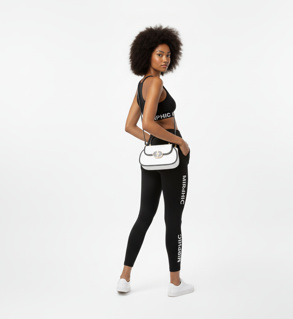 Woman wearing black athletic outfit with visible branding on a white background