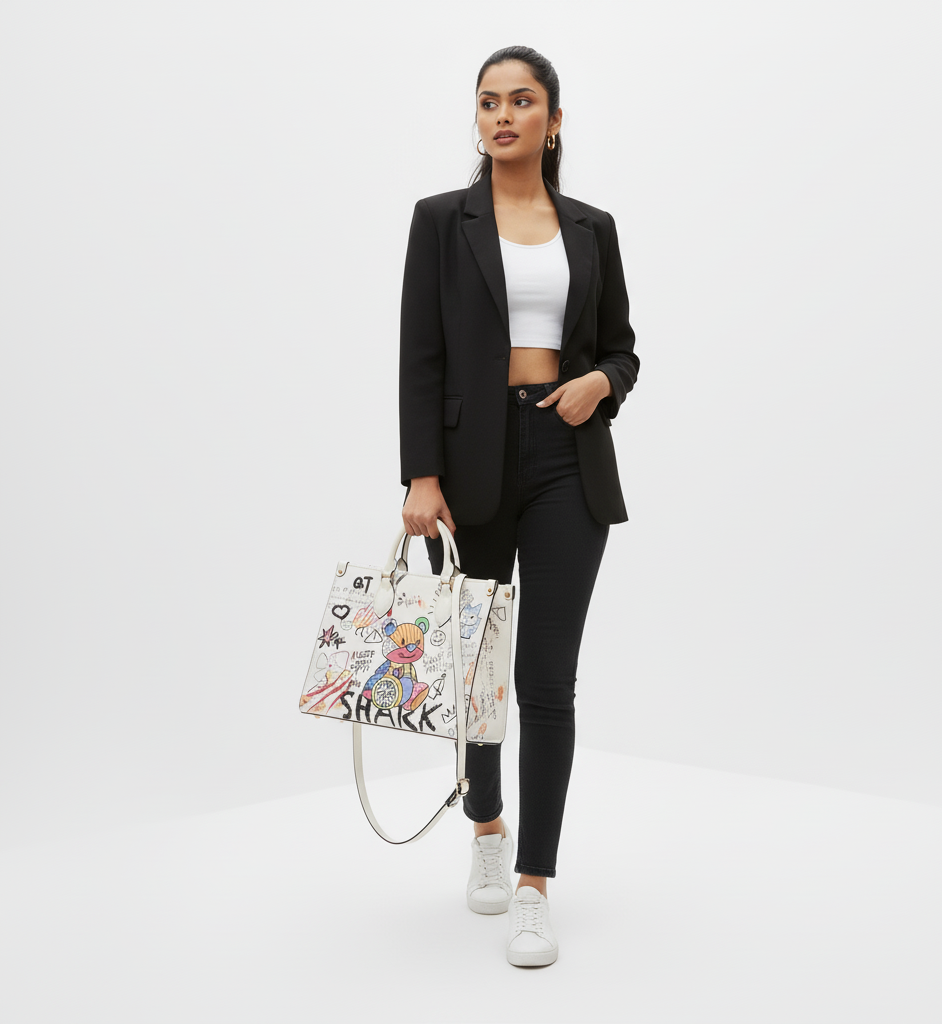 Woman in black suit holding a colorful handbag on a white background