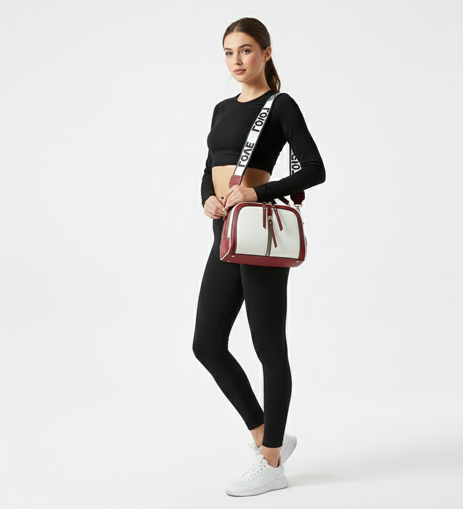 Woman holding a white and red bag against a white background