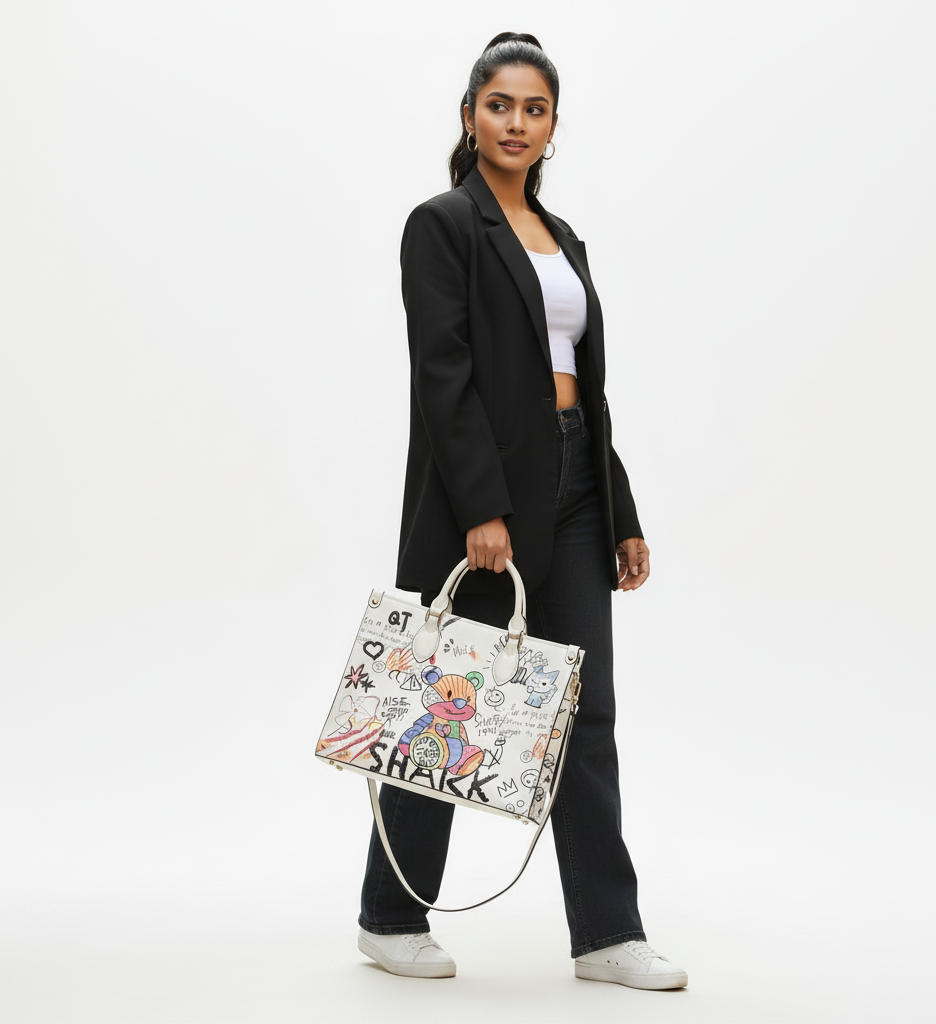 Woman holding a colorful handbag with a white background