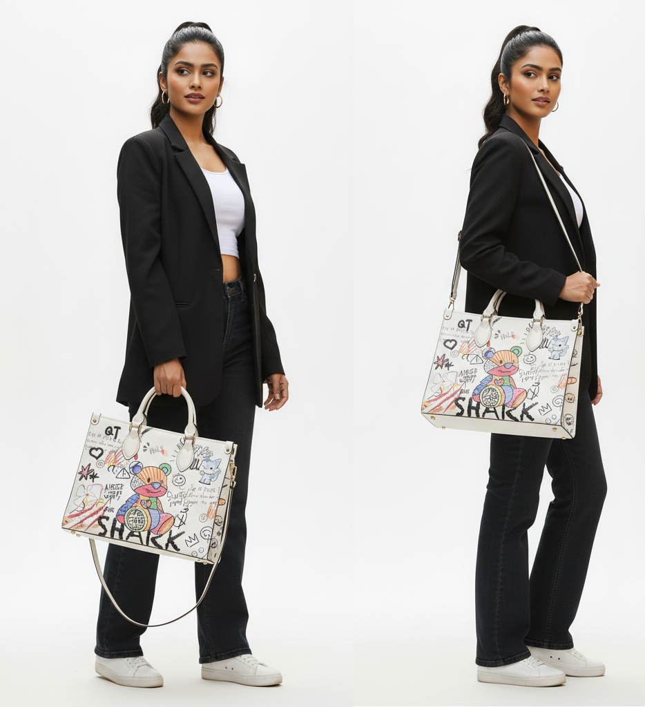 Woman holding a handbag with 'Shark' design on a white background
