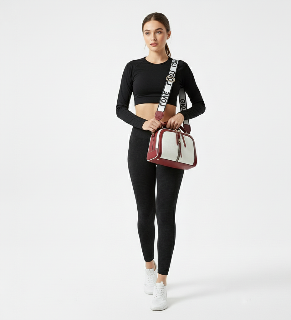 Woman in black athletic wear holding a red and white bag on a white background