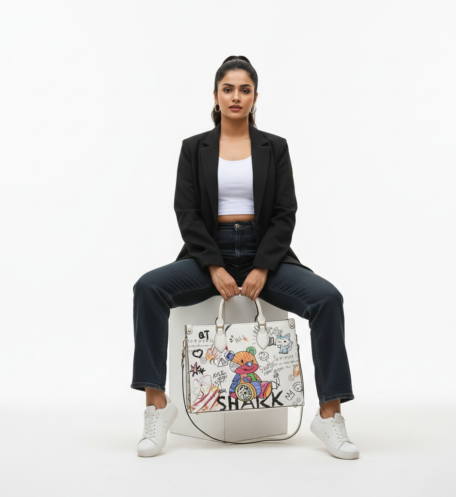 Woman holding a handbag with colorful designs on a white background