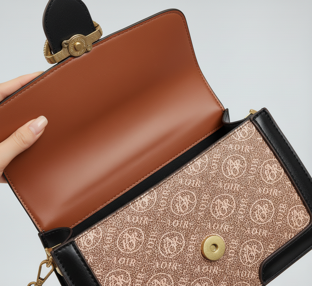 Brown leather handbag with gold accents and a visible brand logo on a light gray background