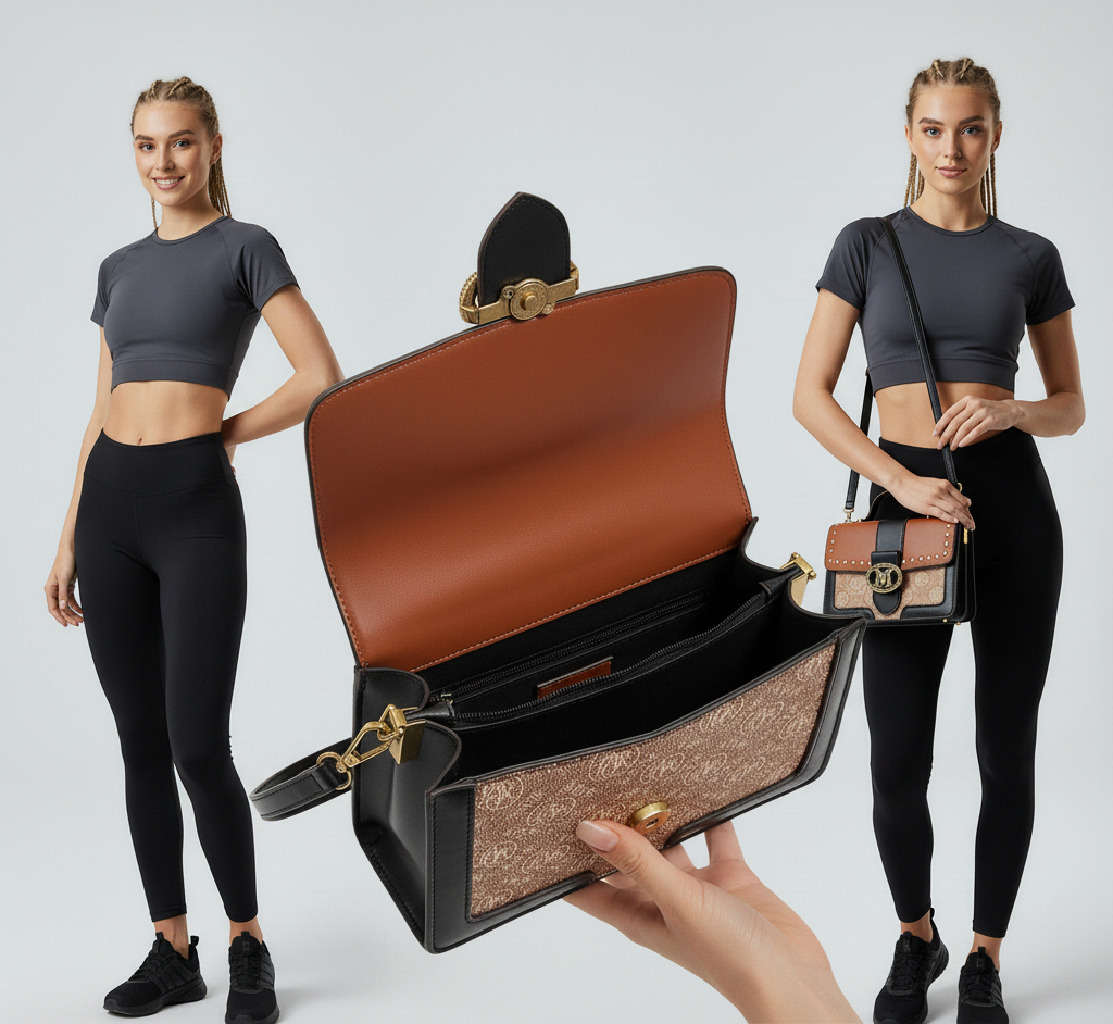 Woman holding a brown and black handbag with a plain background