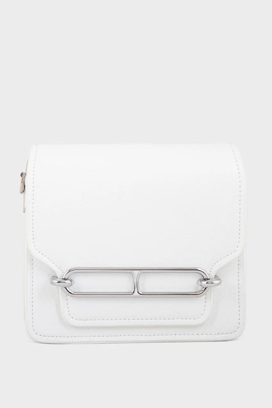 White handbag with a silver rectangular clasp on a white background