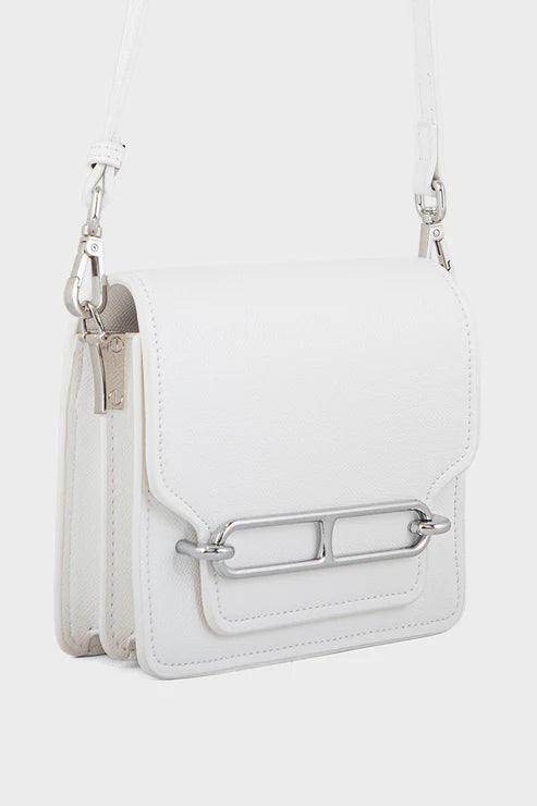 White handbag with silver hardware on a white background